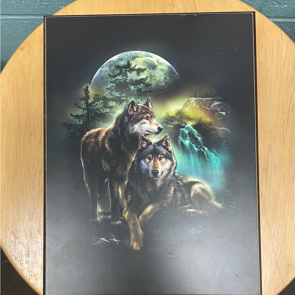 Wooden Jewelry Box with Wolf Print Design on top